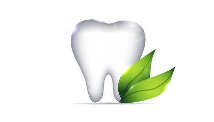 Graphic: a white tooth with two green leaves